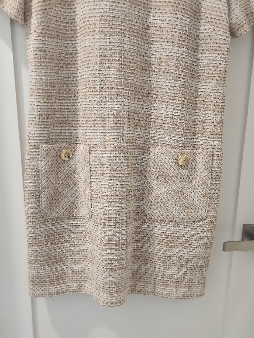 Halston Heritage Beige Tweed Short-Sleeve Shift Dress - Picture 5 of 10